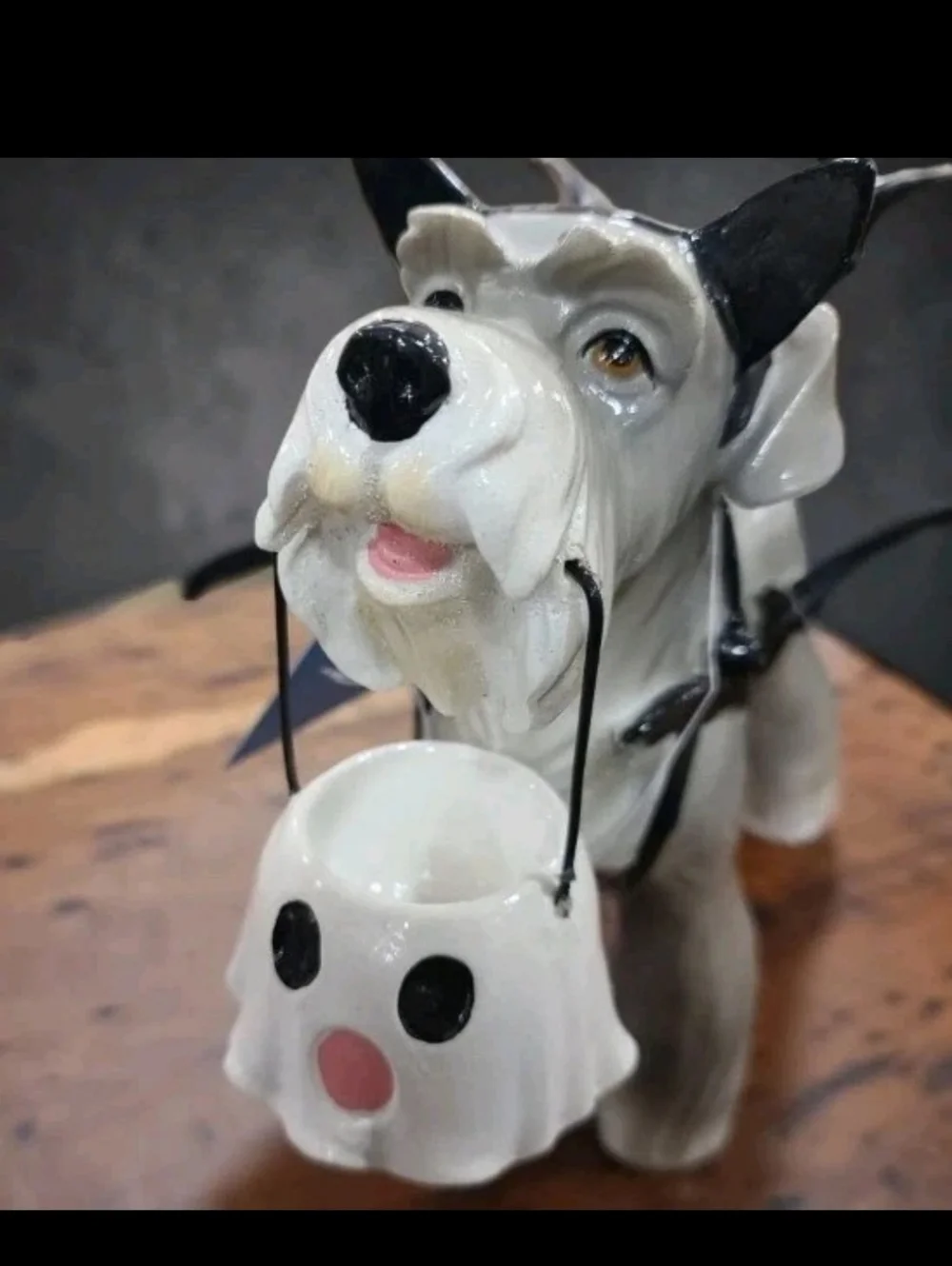 Bat Schnauzer Dog w/ Ghost Bucket in Halloween Costume Figure Statue Decor New